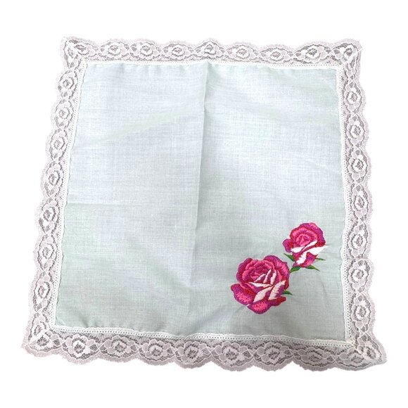 Vintage Handkerchief Embroidered Red Roses & Pink Lace Trim Hanky Victorian - Picture 2 of 4
